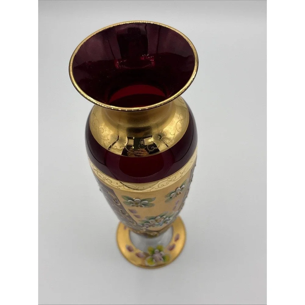 Seyei Japan Ruby Red Cranberry Glass Vase - 24K Gold Gilt & Enamel Flowers